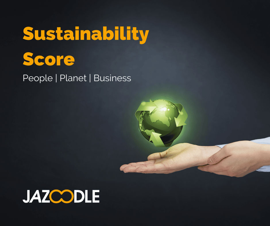 Jazoodle sustainability score picture of a man holding a green planet on a dark background